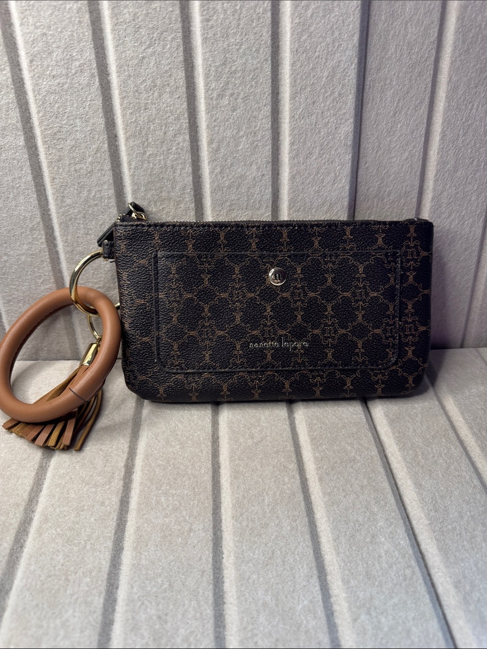 Nanette Lepore Monogram Bangle Wristlet Wallet with Tassel Brown & Black Nanette